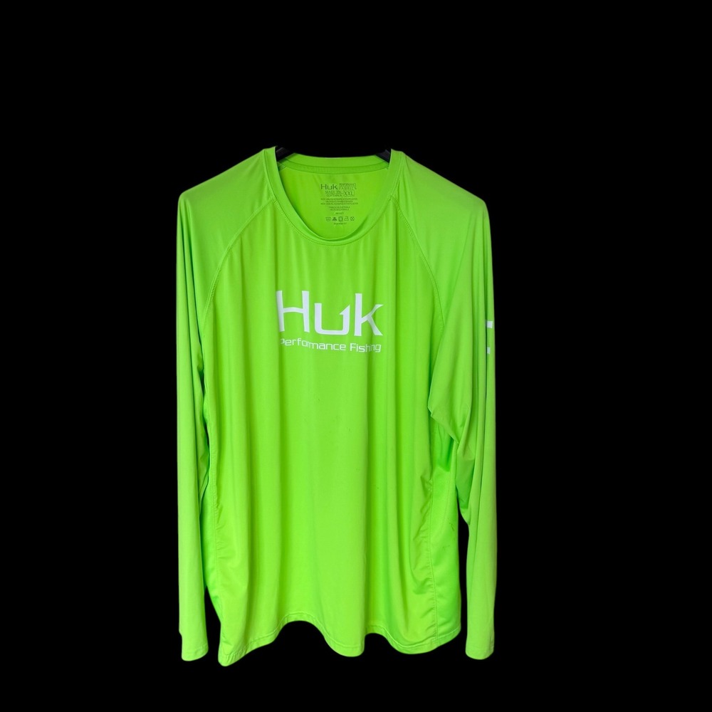 Huk Performance Fishing Shirt XXL Neon Green Long Sleeve Sun Tee Distressed